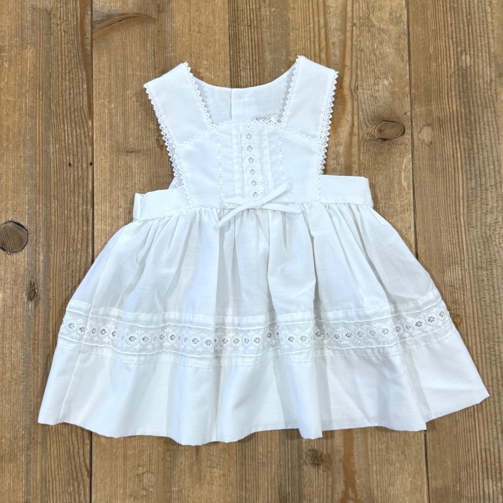 Vintage White Eyelet Lace Pinafore Apron Dress 18 Months Embroidered Christening